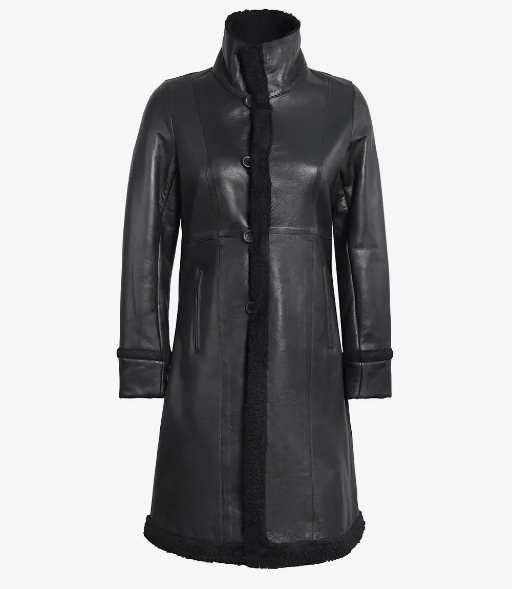 Maura Real Leather Black Shearling Long Coat Womens