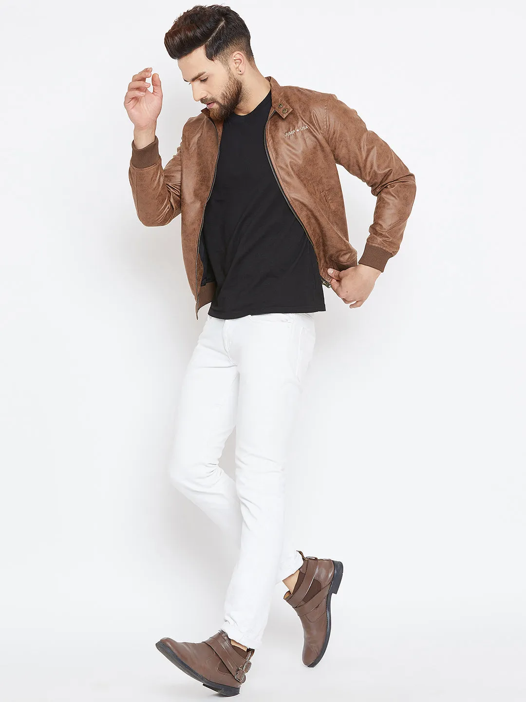 Men Tan Casual Solid Bomber Jacket