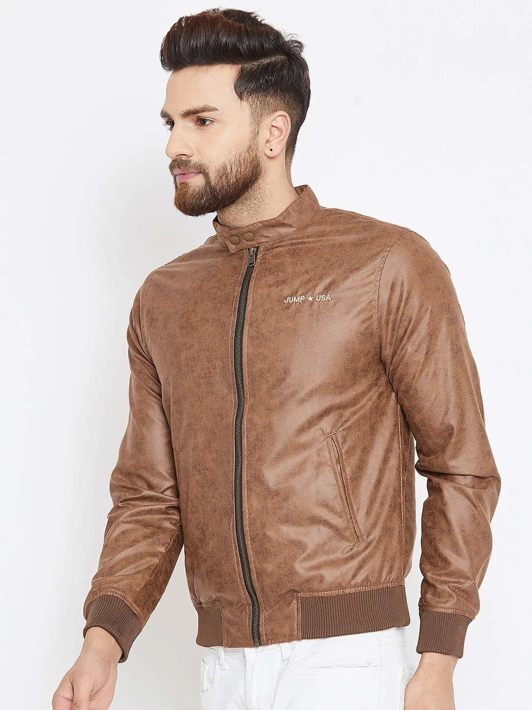 Men Tan Casual Solid Bomber Jacket