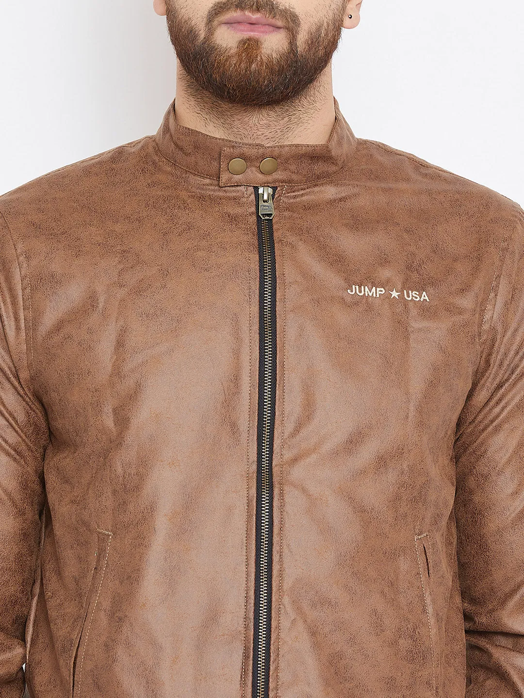 Men Tan Casual Solid Bomber Jacket