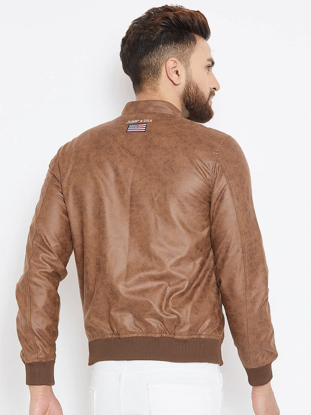 Men Tan Casual Solid Bomber Jacket