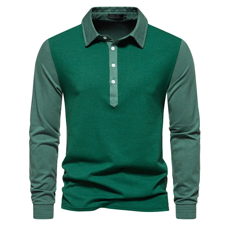 Men Turnover Collar Bicolor Long Sleeves T-Shirt