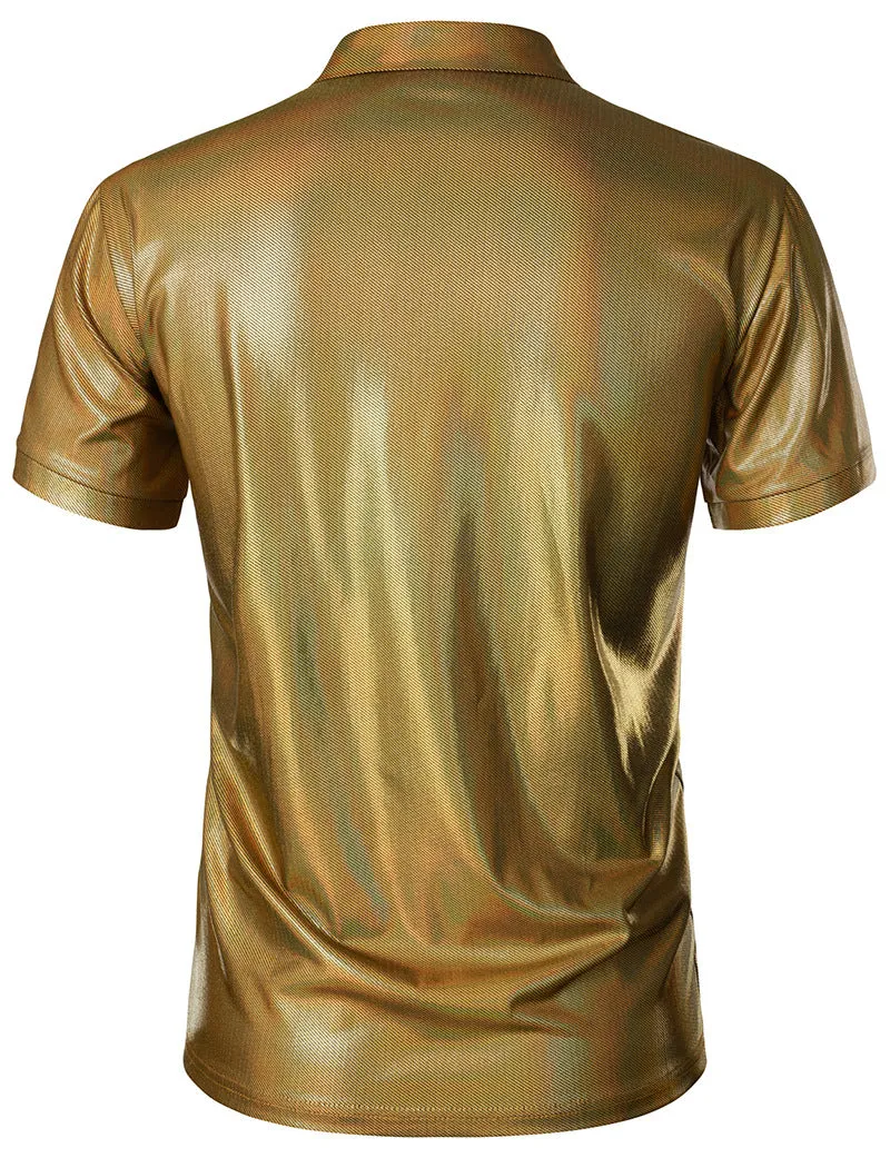 Men Turnover Collar Glossy Short Sleeves T-Shirt