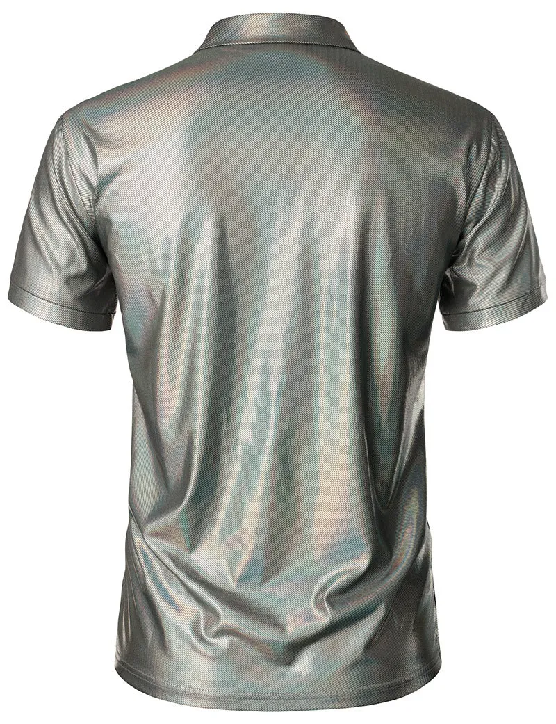 Men Turnover Collar Glossy Short Sleeves T-Shirt