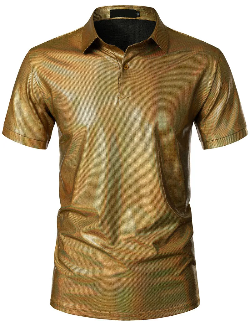 Men Turnover Collar Glossy Short Sleeves T-Shirt