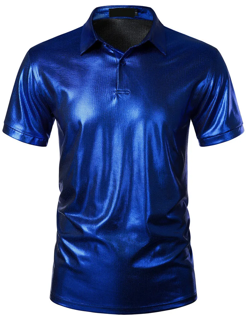 Men Turnover Collar Glossy Short Sleeves T-Shirt