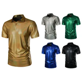 Men Turnover Collar Glossy Short Sleeves T-Shirt