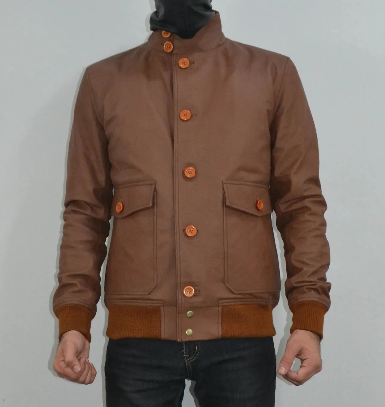 Mens A-1 Flight Tan Bomber Style Ribbed Leather Jacket For Mens