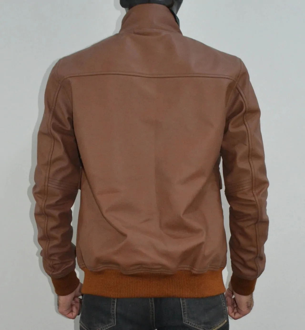 Mens A-1 Flight Tan Bomber Style Ribbed Leather Jacket For Mens