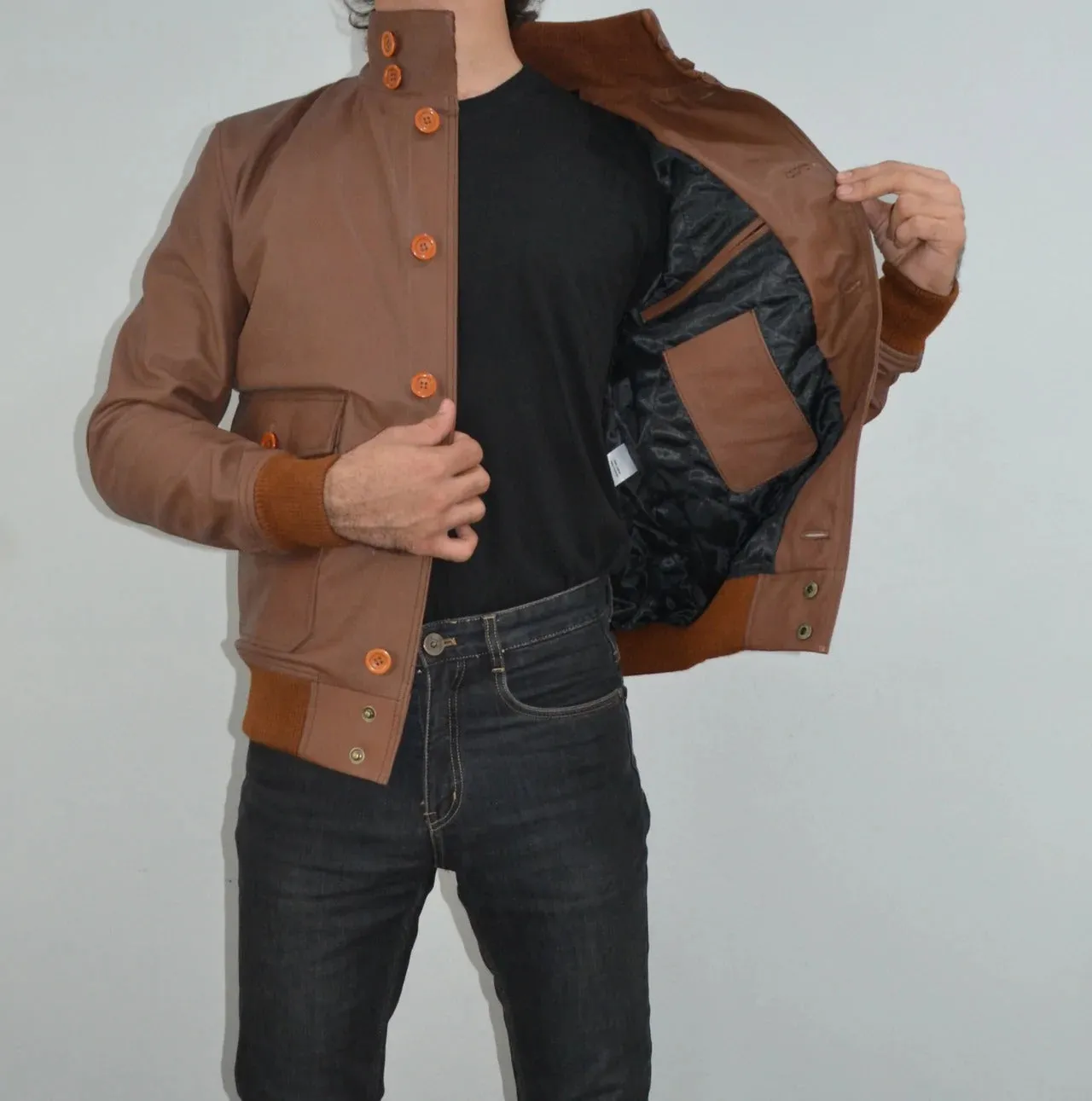 Mens A-1 Flight Tan Bomber Style Ribbed Leather Jacket For Mens