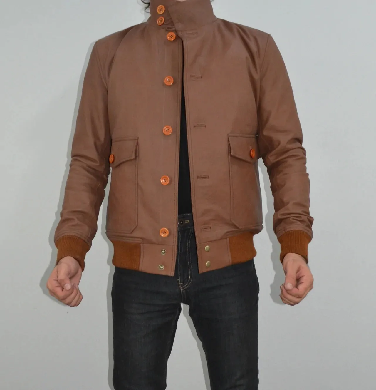 Mens A-1 Flight Tan Bomber Style Ribbed Leather Jacket For Mens