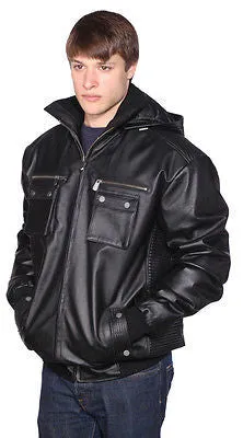 MEN'S BLK  BOMER LEATHER JACKET WITH REMOVABLE HOOD VERY SOFT LEATHER W/ELASTICS