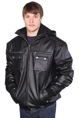 MEN'S BLK  BOMER LEATHER JACKET WITH REMOVABLE HOOD VERY SOFT LEATHER W/ELASTICS