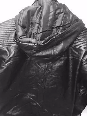 MEN'S BLK  BOMER LEATHER JACKET WITH REMOVABLE HOOD VERY SOFT LEATHER W/ELASTICS