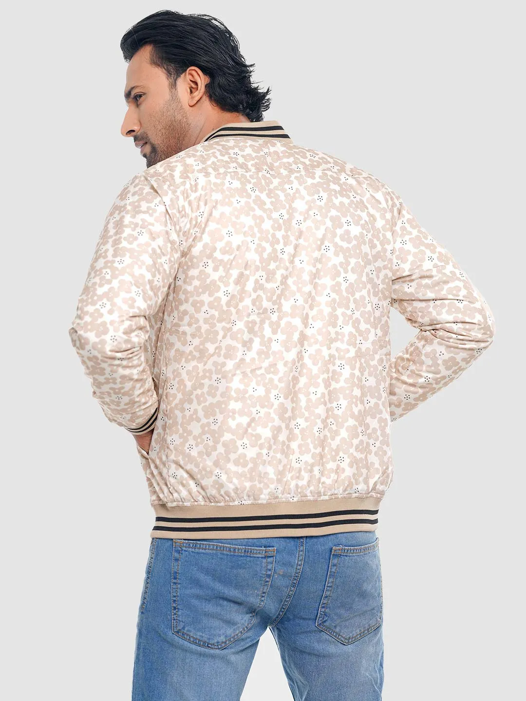 Men's Casual Bomber Jacket in Cream Tant AOP