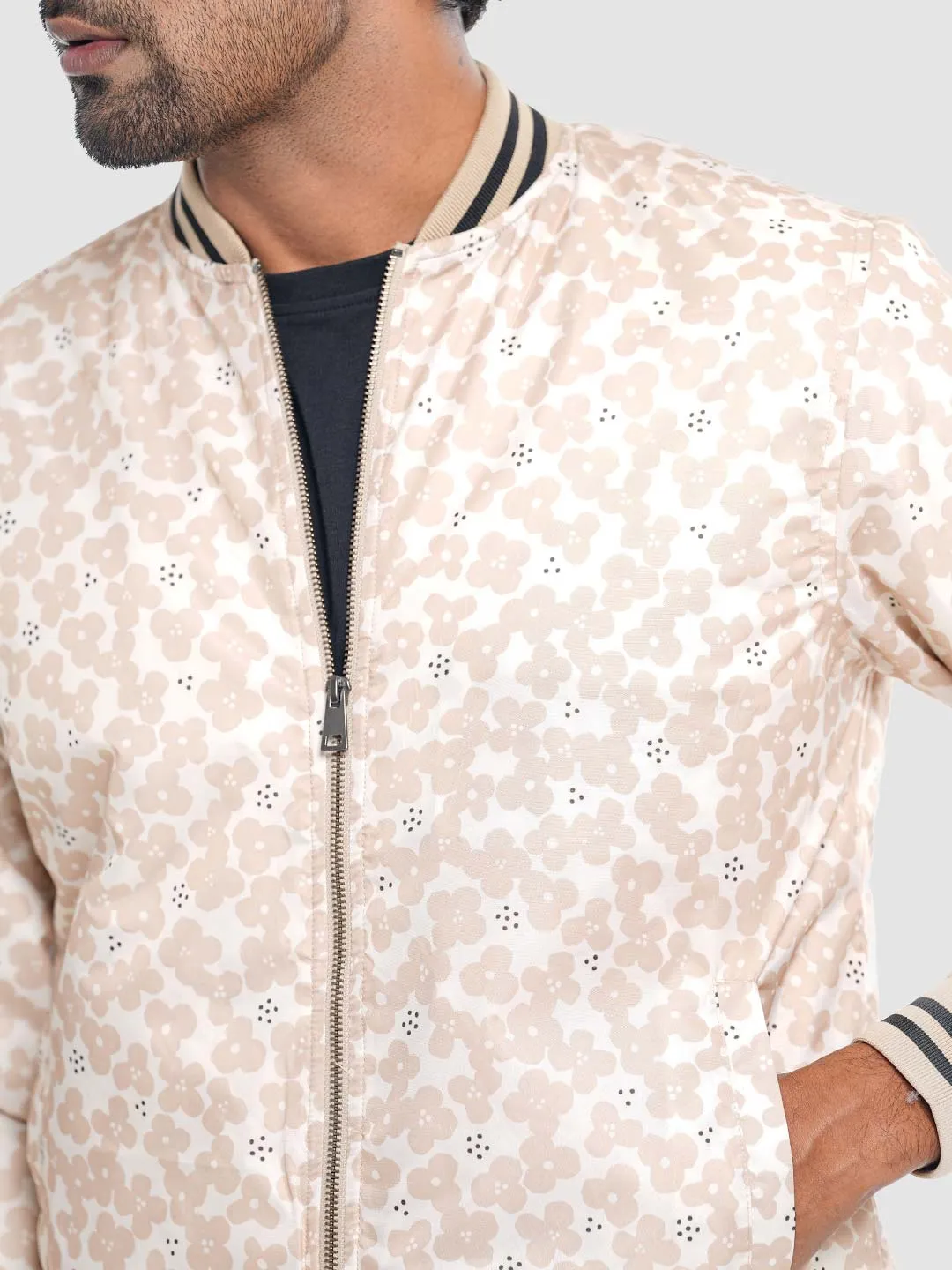 Men's Casual Bomber Jacket in Cream Tant AOP