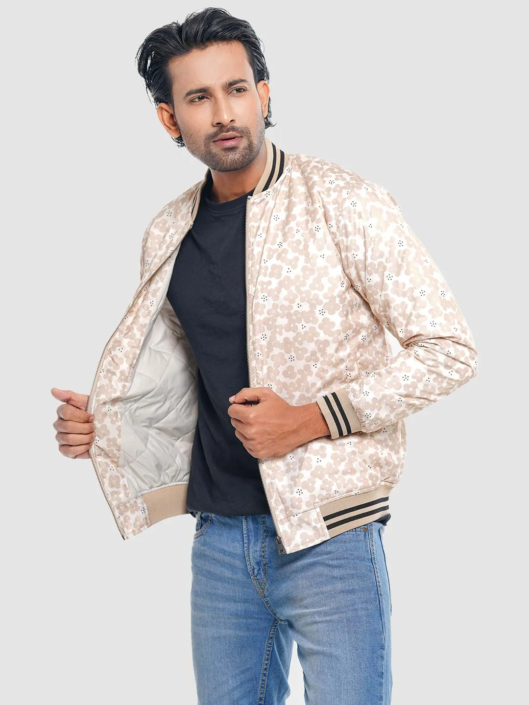 Men's Casual Bomber Jacket in Cream Tant AOP