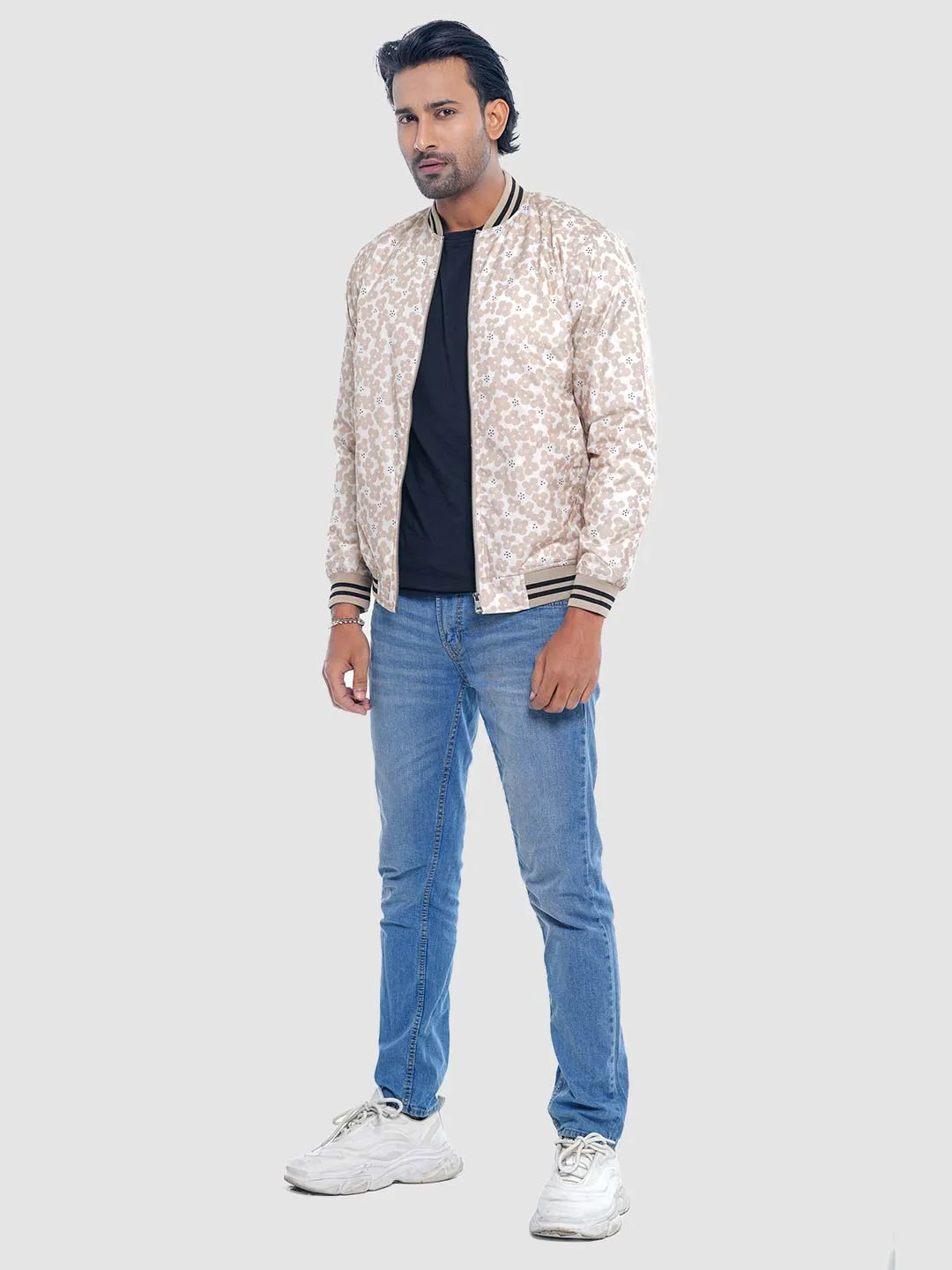 Men's Casual Bomber Jacket in Cream Tant AOP