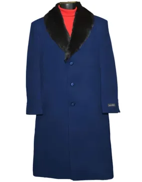 Men's Dress Coat (Removable ) Fur Collar 3 Button Wool Full Length Overcoat ~ Long men's Dress Topcoat - Winter coat 65% Wool Full Length Fabric Also Navy Blue