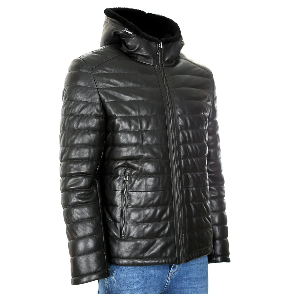 Mens Mason Puffer Leather Jacket with Fur Hoodie