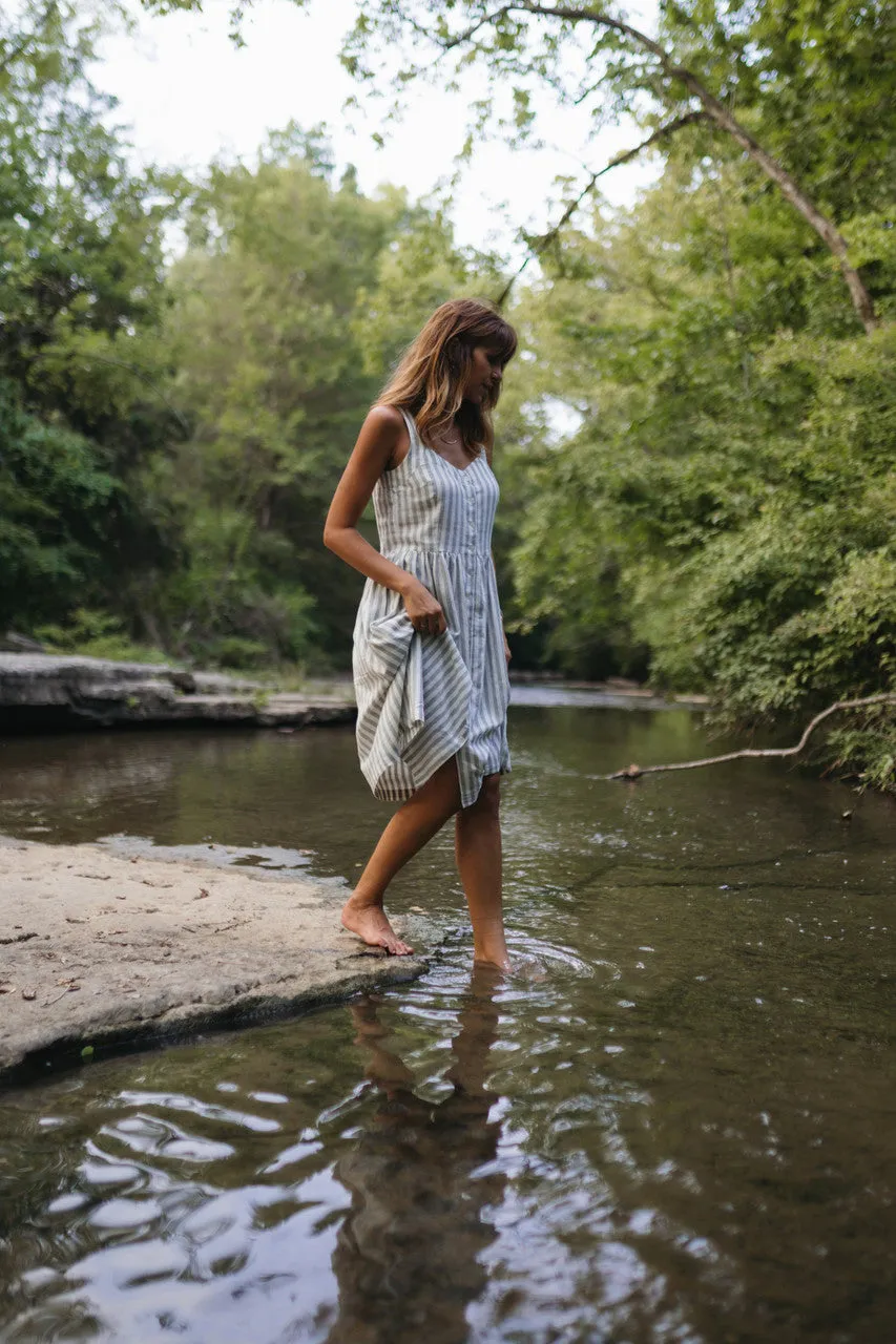 Mia Linen Dress in Green and White Stripe - XS and S