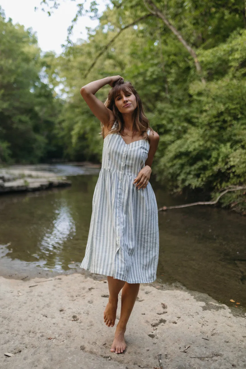 Mia Linen Dress in Green and White Stripe - XS and S