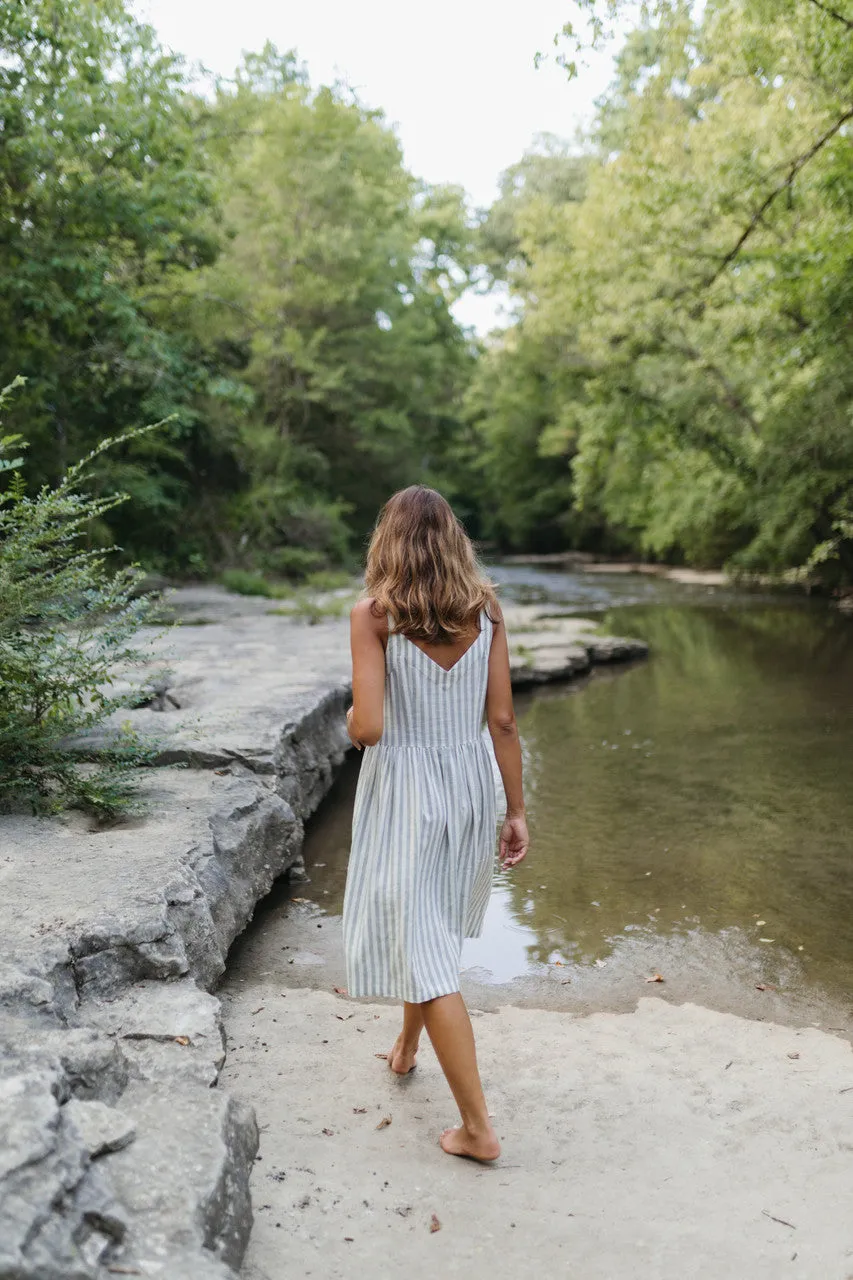 Mia Linen Dress in Green and White Stripe - XS and S