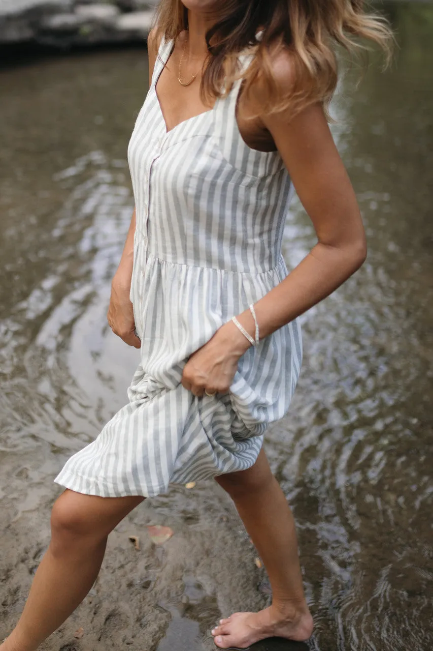 Mia Linen Dress in Green and White Stripe - XS and S