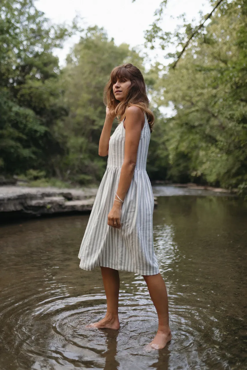 Mia Linen Dress in Green and White Stripe - XS and S