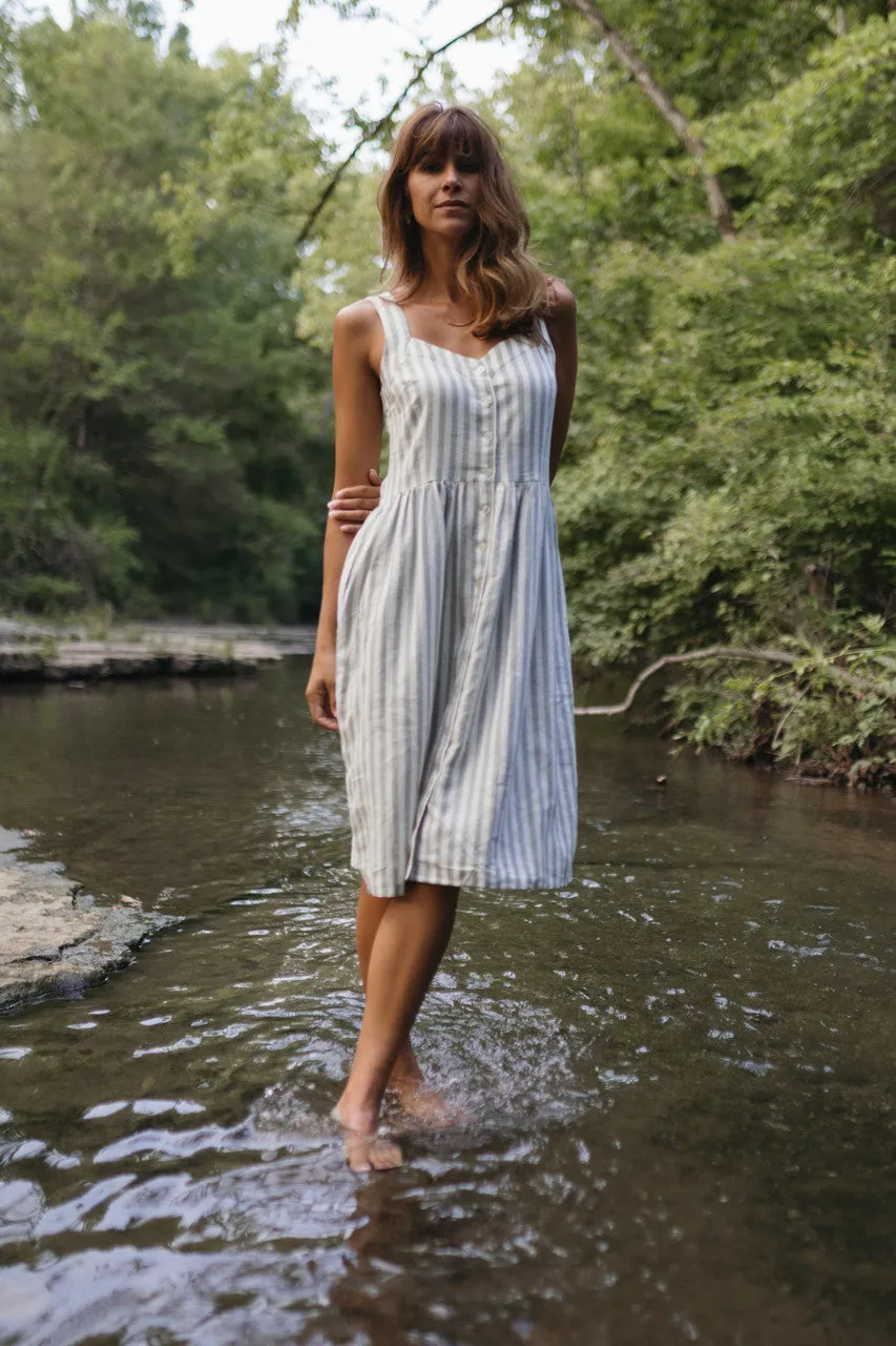 Mia Linen Dress in Green and White Stripe - XS and S