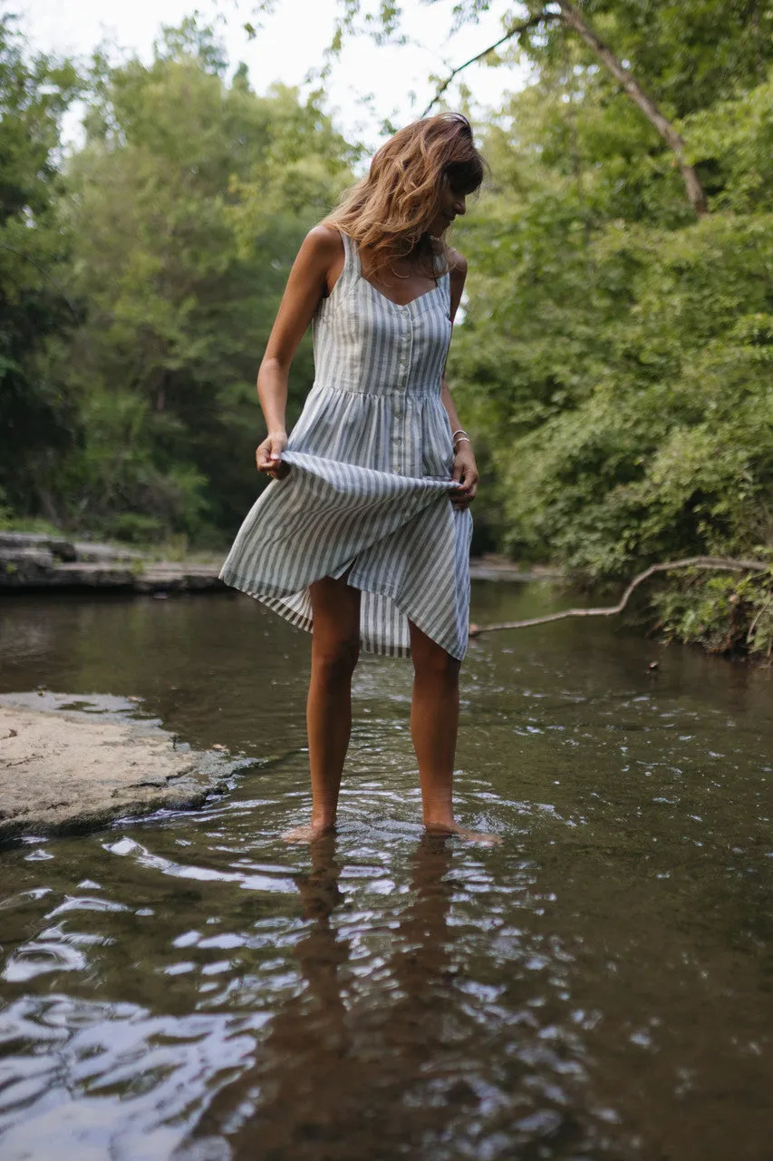 Mia Linen Dress in Green and White Stripe - XS and S