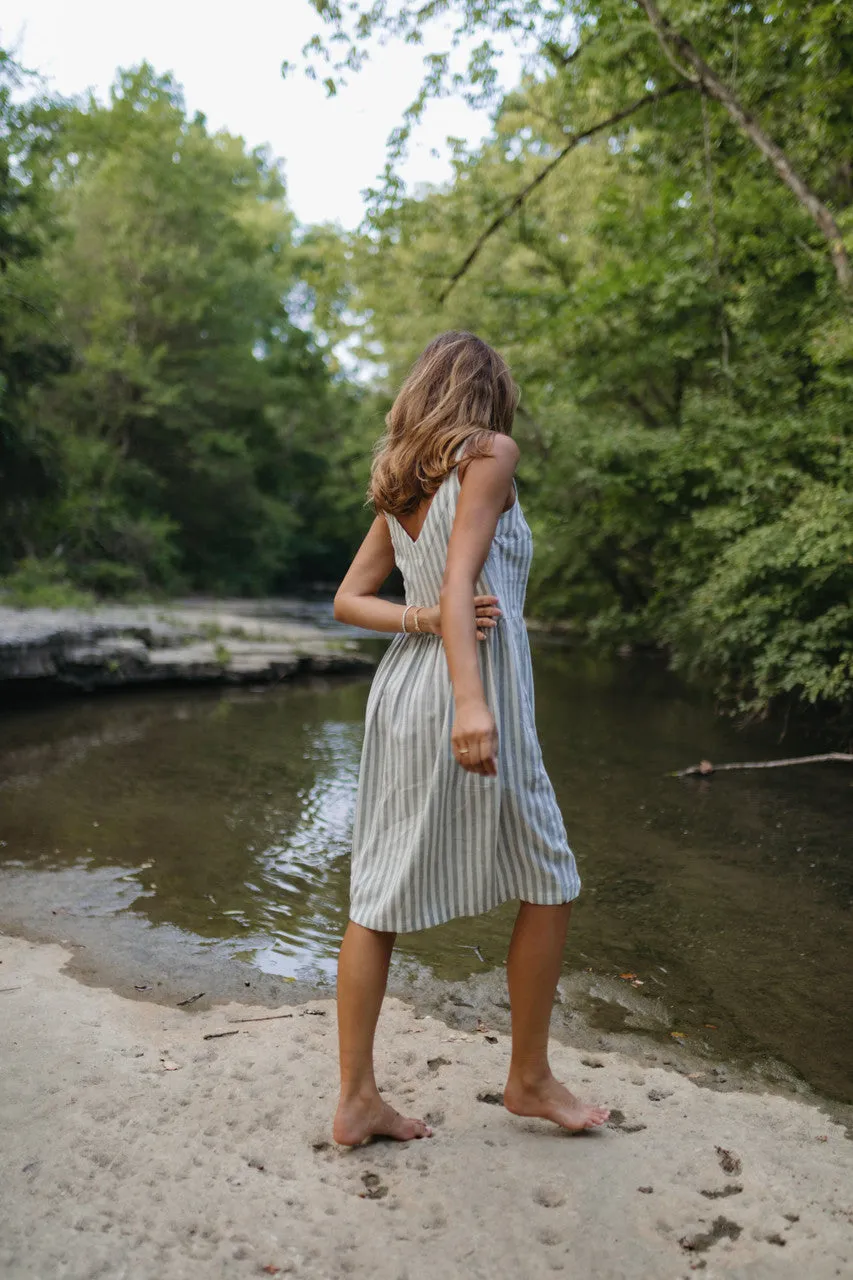 Mia Linen Dress in Green and White Stripe - XS and S