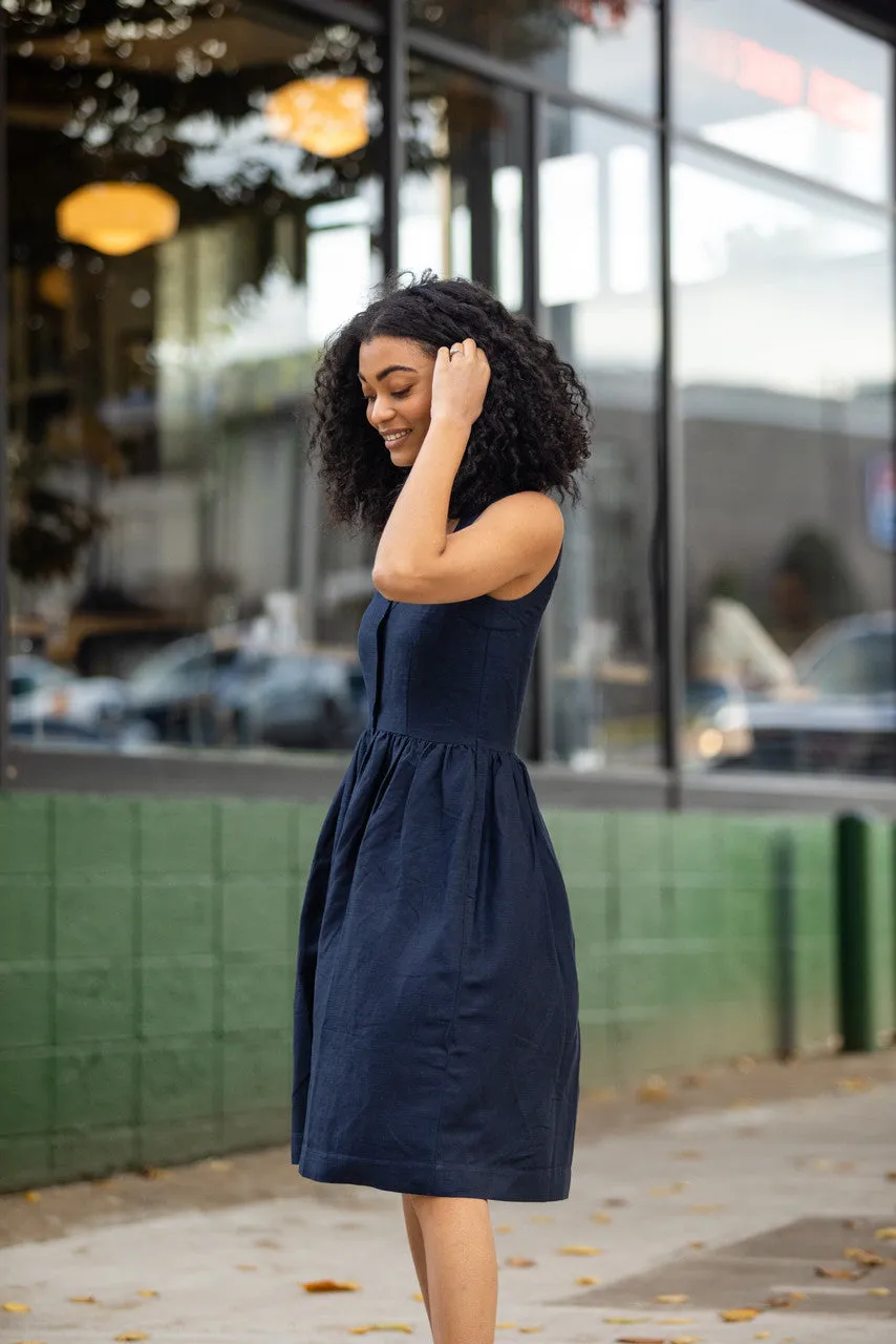 Mia Linen Dress in Grey/Blue Chambray