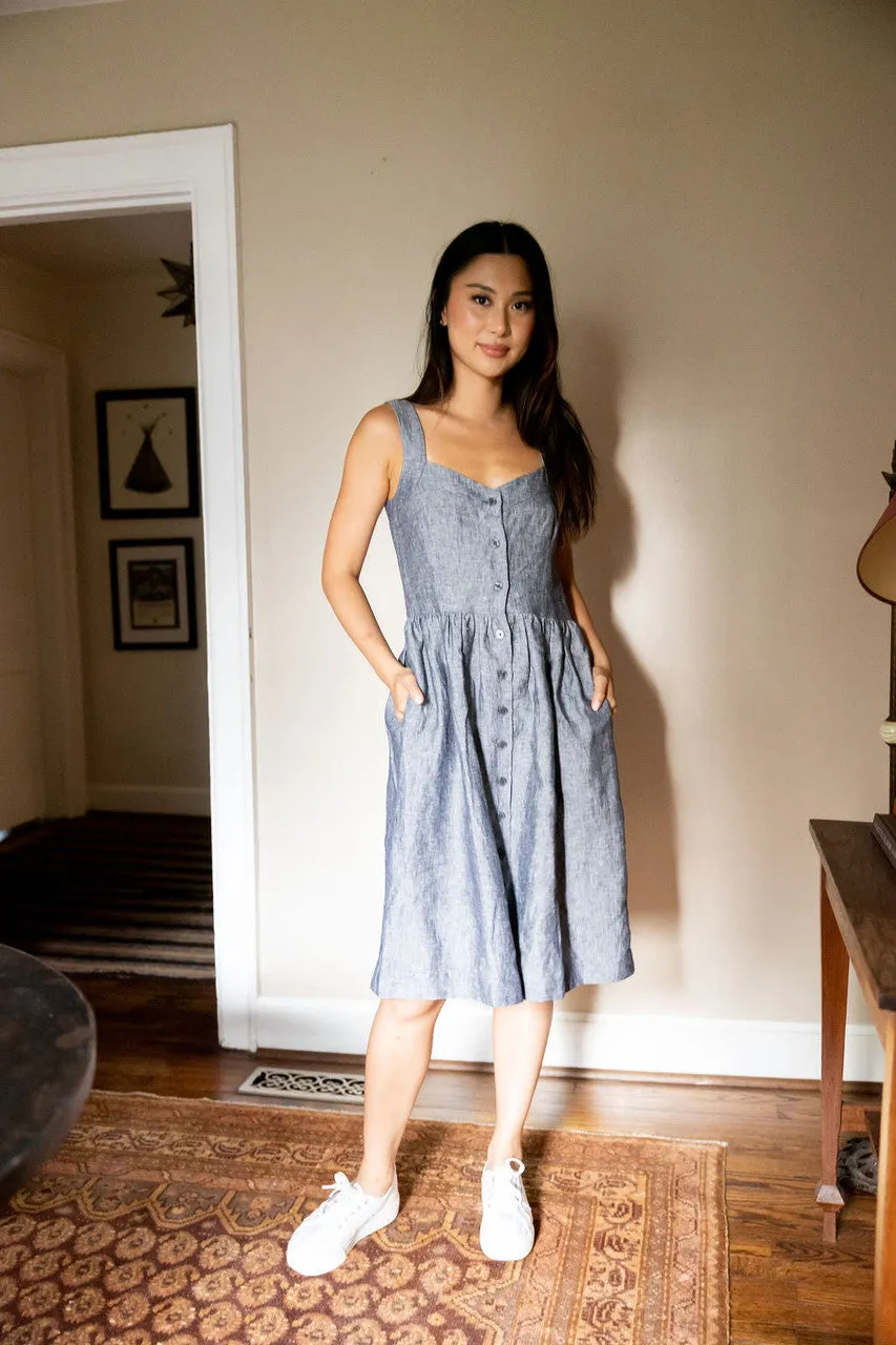 Mia Linen Dress in Grey/Blue Chambray