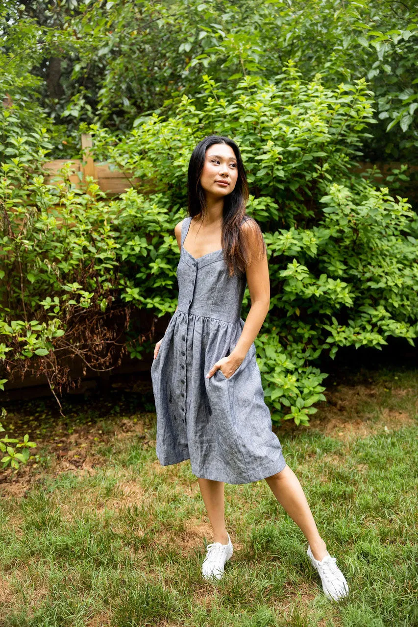 Mia Linen Dress in Grey/Blue Chambray