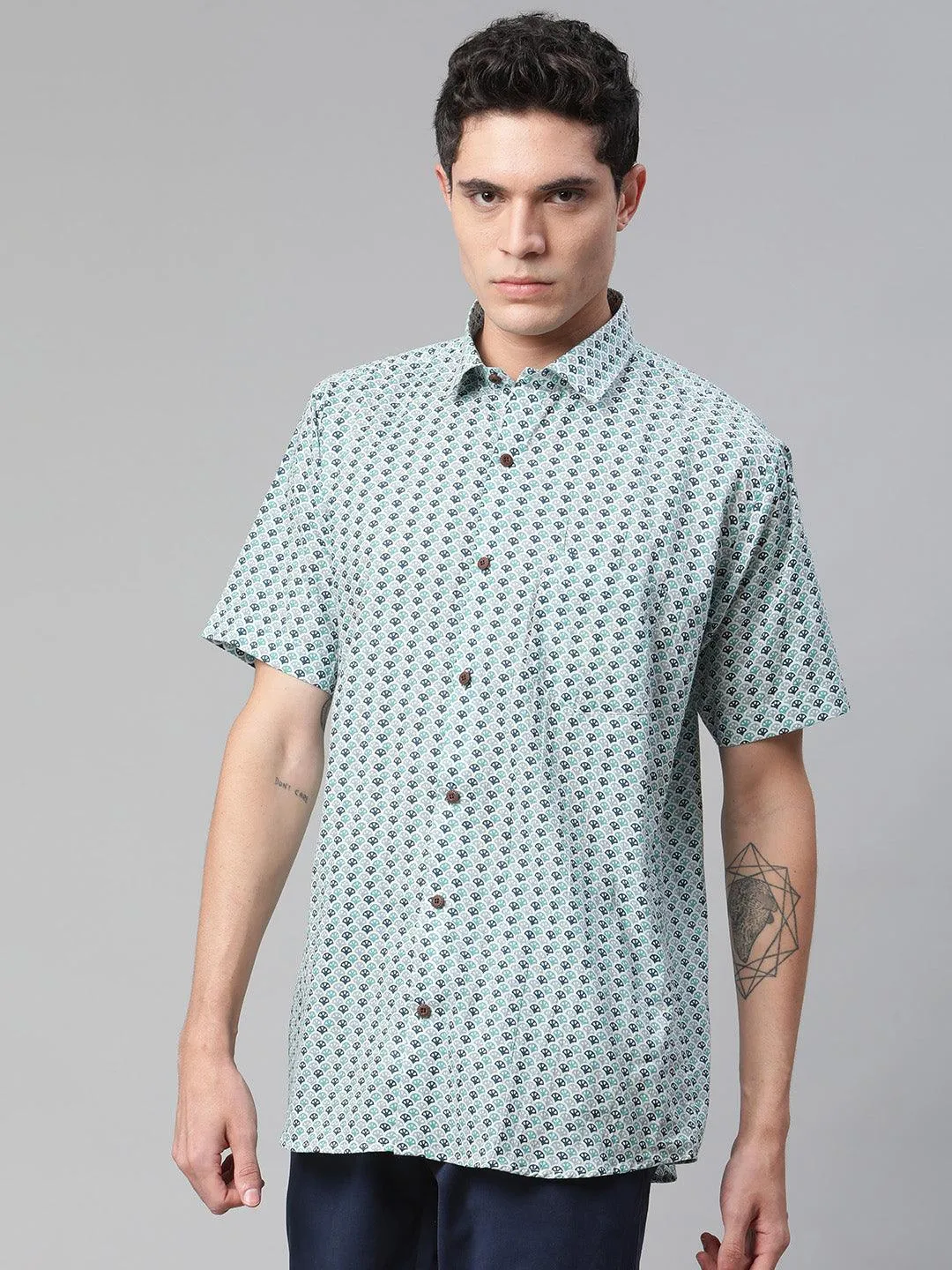 Millennial Men White & Green Cotton  Half Sleeve Shirt For Men-Mmh0177