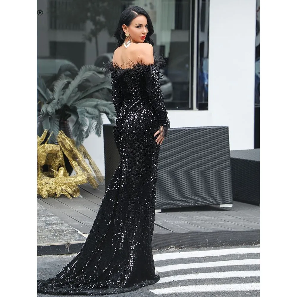 Missord Sexy Off Shoulder Feather Long Sleeve Sequin Dress Elegant Evening Floor Length Reflective Dresses Pure Black