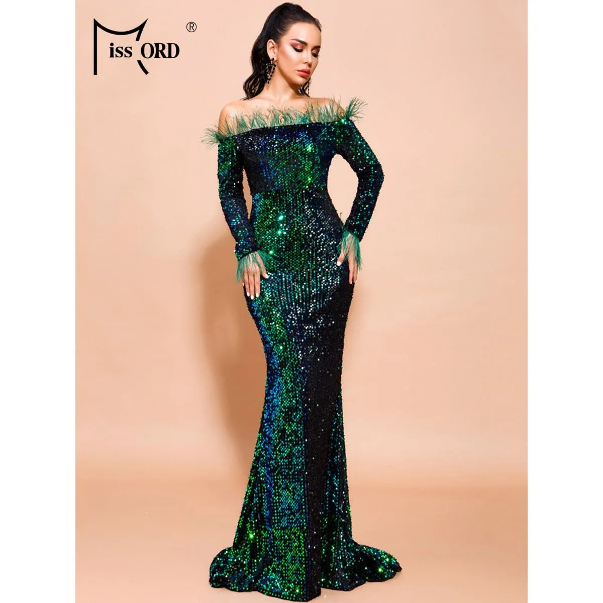 Missord Sexy Off Shoulder Feather Long Sleeve Sequin Dress Elegant Evening Floor Length Reflective Dresses Pure Black