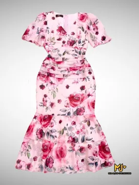 MJV1542 Rose Print Bodycon Chiffon Midi Dress