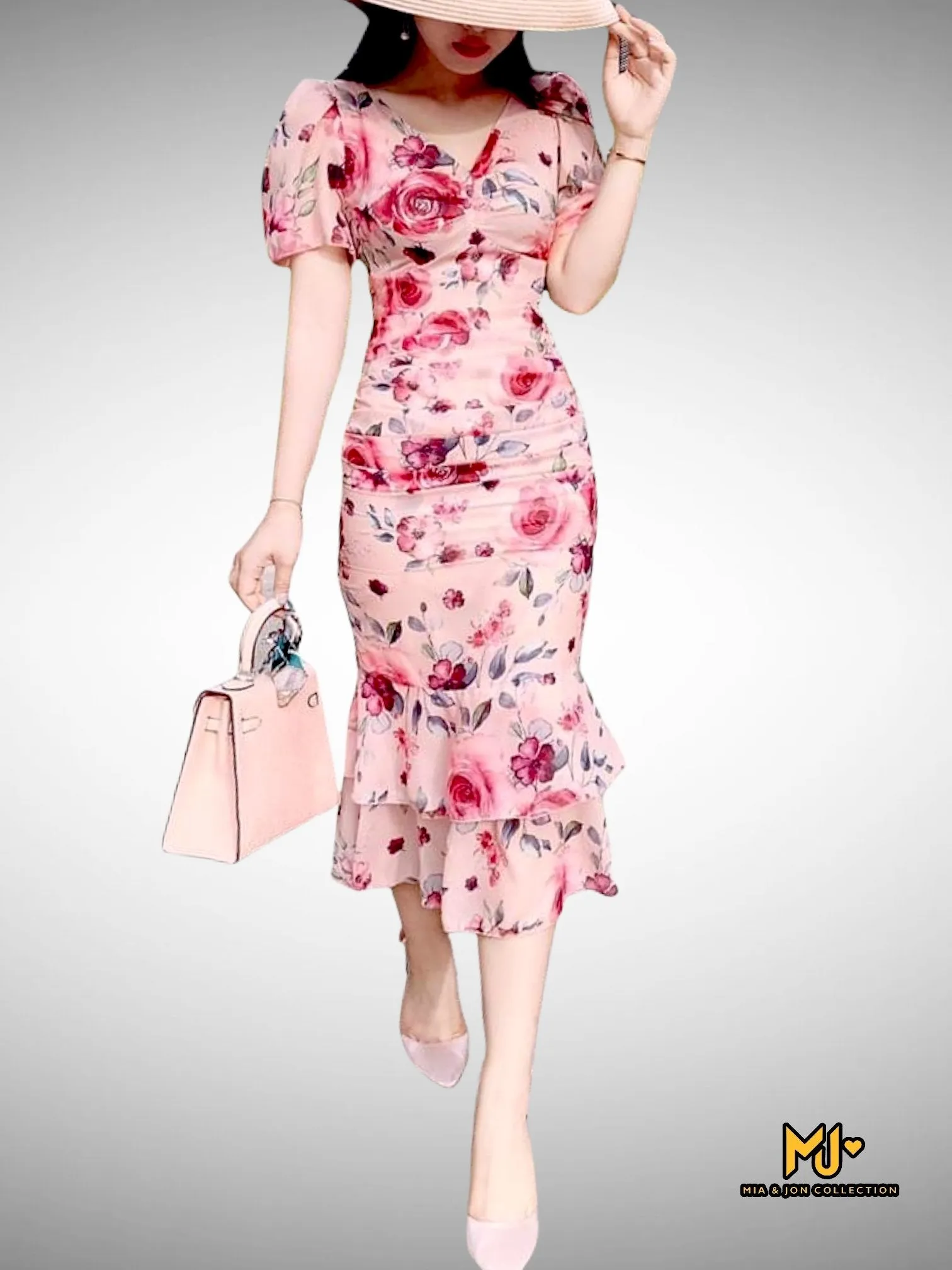 MJV1542 Rose Print Bodycon Chiffon Midi Dress