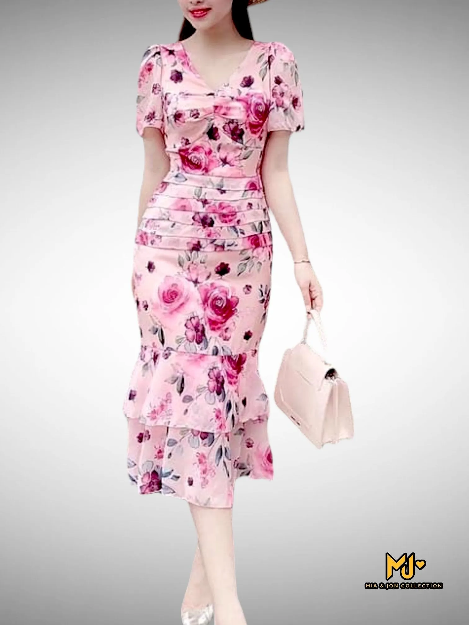 MJV1542 Rose Print Bodycon Chiffon Midi Dress