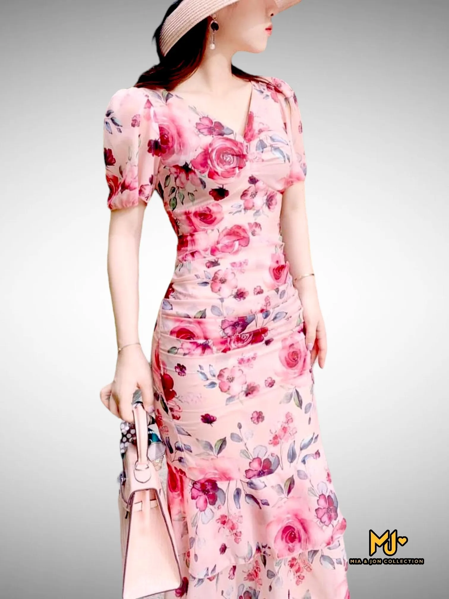 MJV1542 Rose Print Bodycon Chiffon Midi Dress