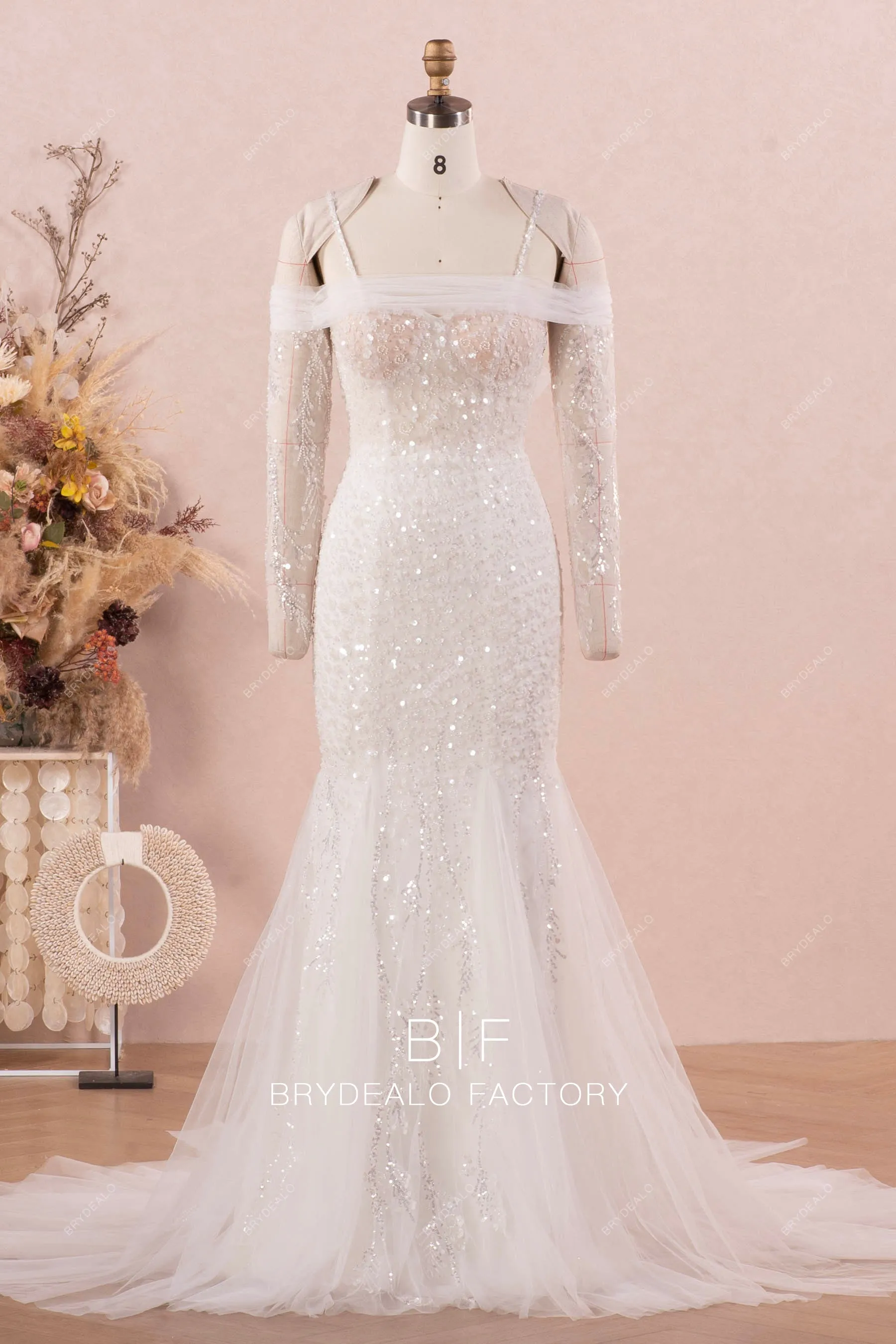 Modern Detachable Bow Sleeve Sparkly Mermaid Wedding Dress