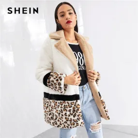 Multicolor Highstreet Cut and Sew Leopard Panel Faux Fur Teddy Coat