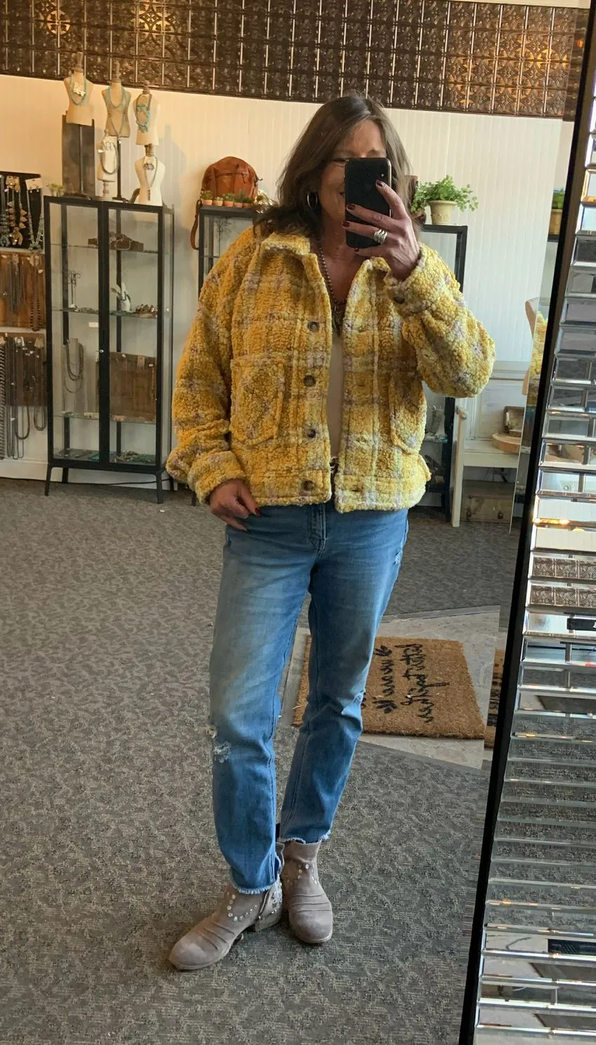 Mustard Plaid Sherpa Coat - Small to 3X