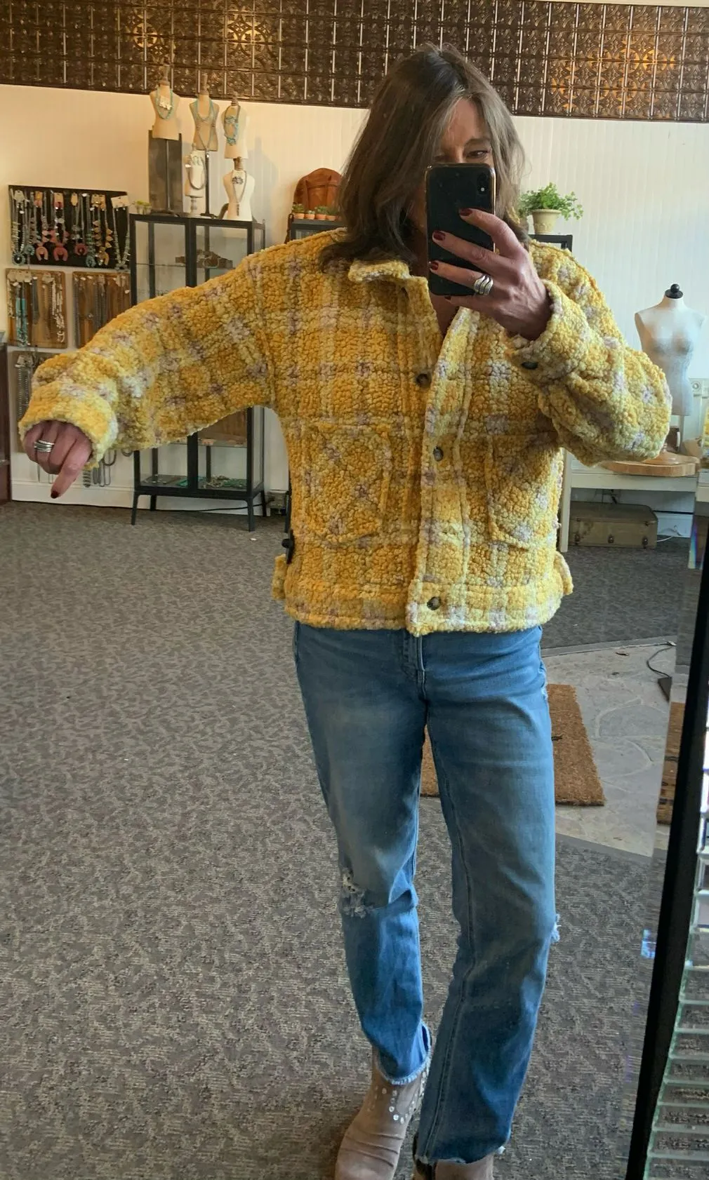 Mustard Plaid Sherpa Coat - Small to 3X