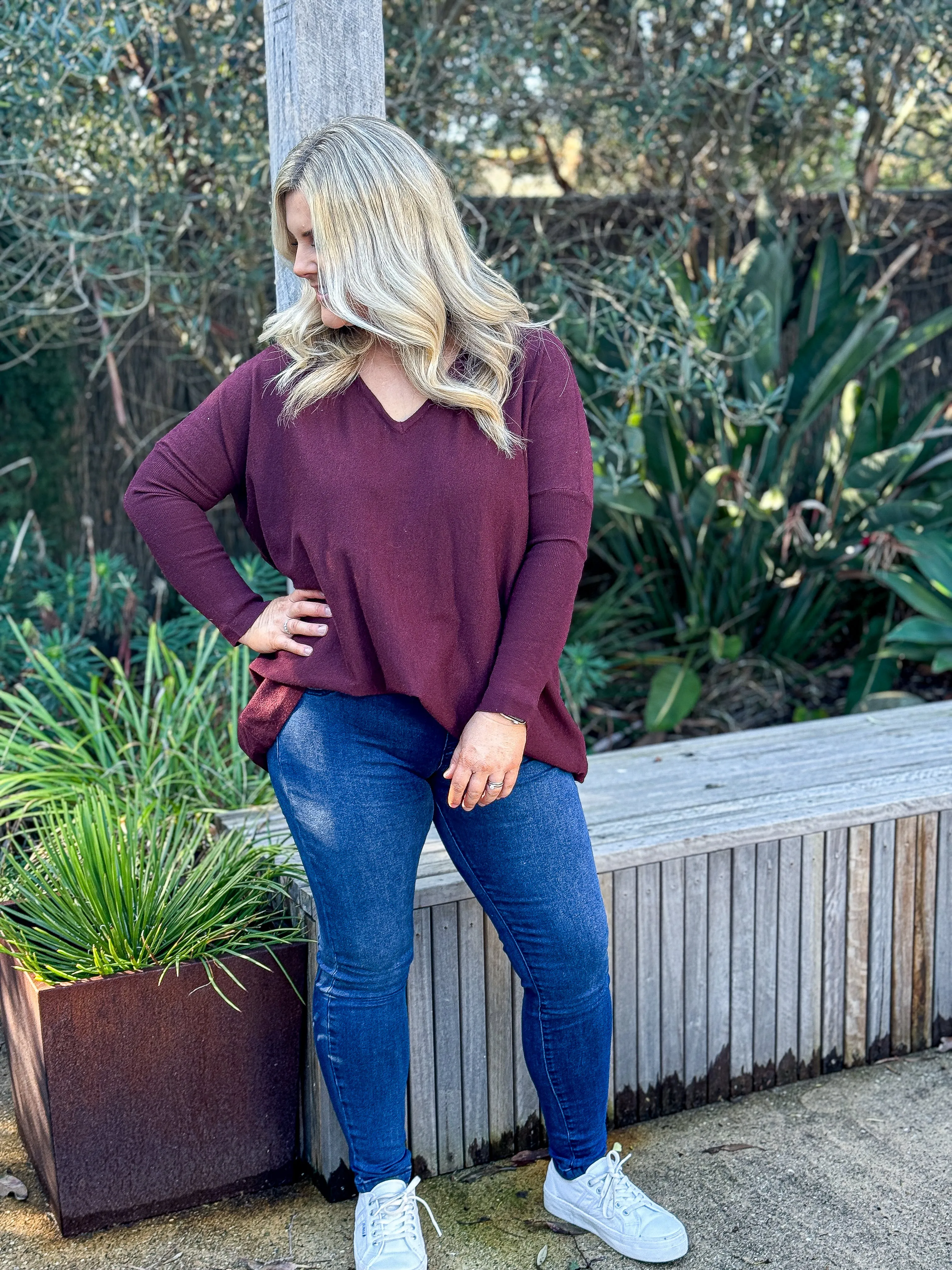 Nadia V Neck Knit - Aubergine