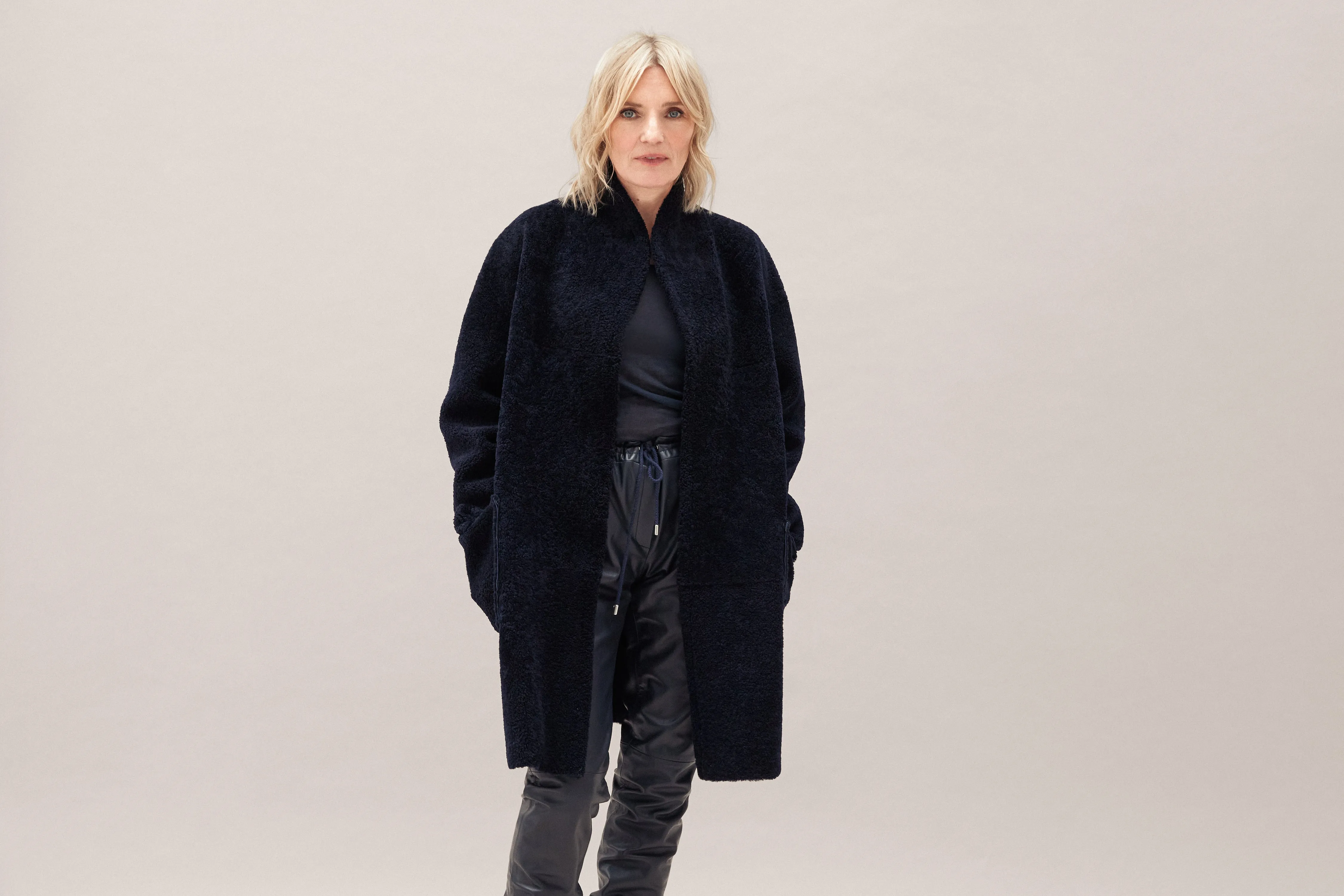 Navy Cocoon Shearling Coat