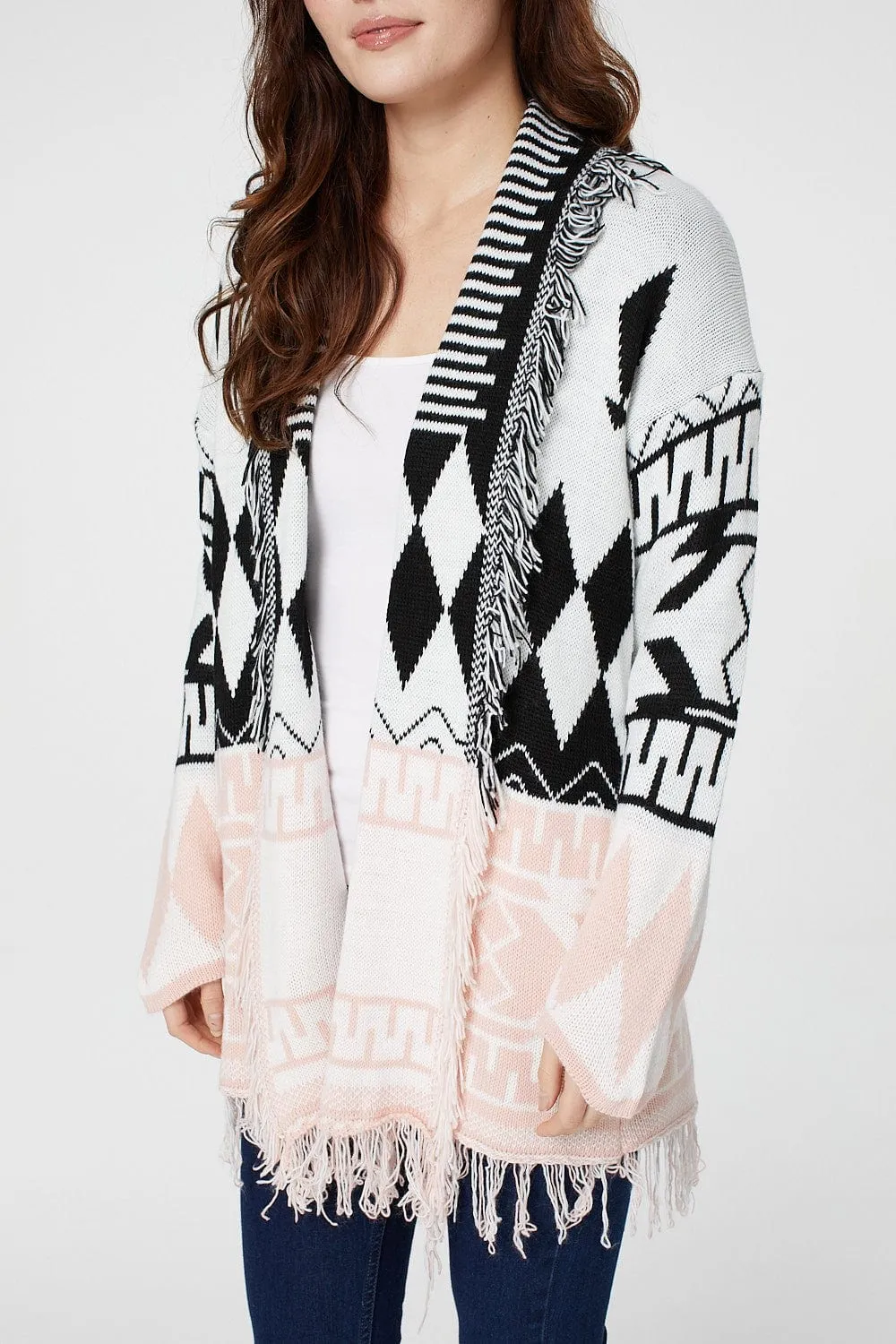 Nordic Print Fringed Cardigan