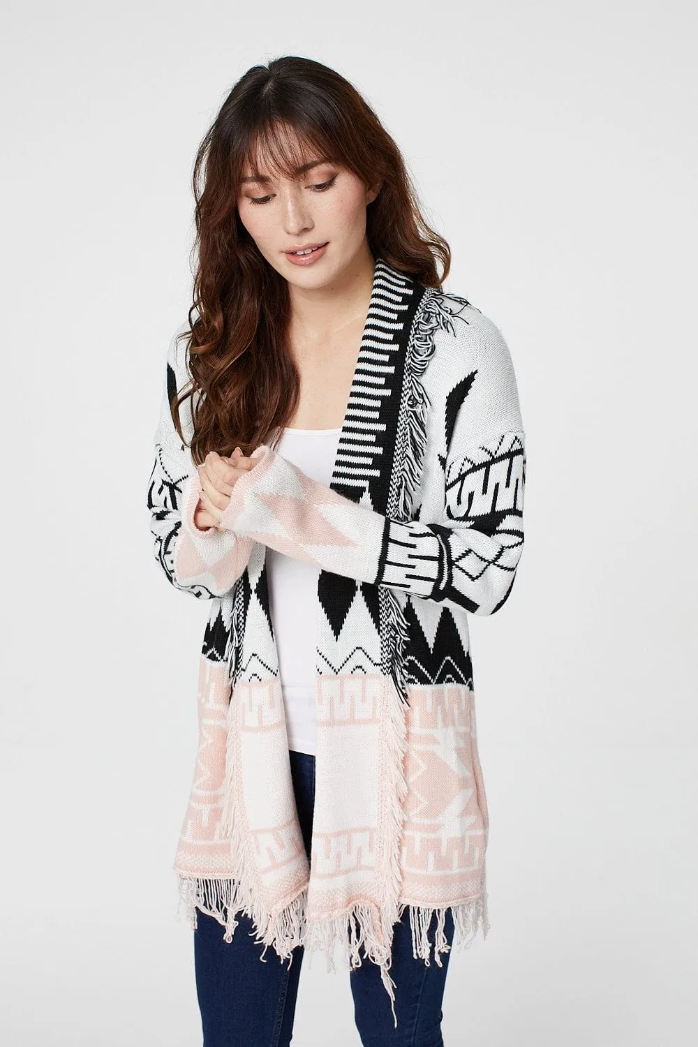 Nordic Print Fringed Cardigan